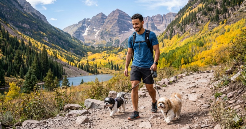 John hiking with his Shih Tzus Kelly and Mark in the Colorado Rockies