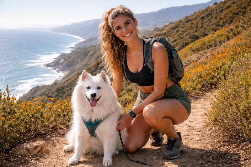 Olivia and her American Eskimo Kipper on the California coast