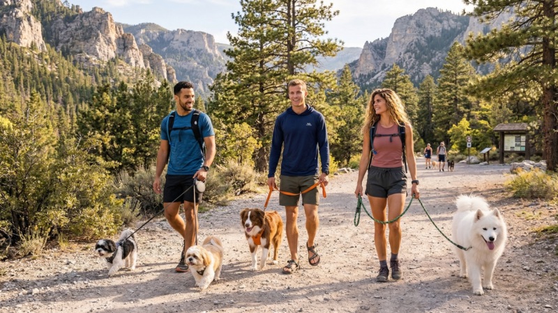 Jake, John, and Olivia hiking with their dogs Riley, Kelly, Mark, and Kipper